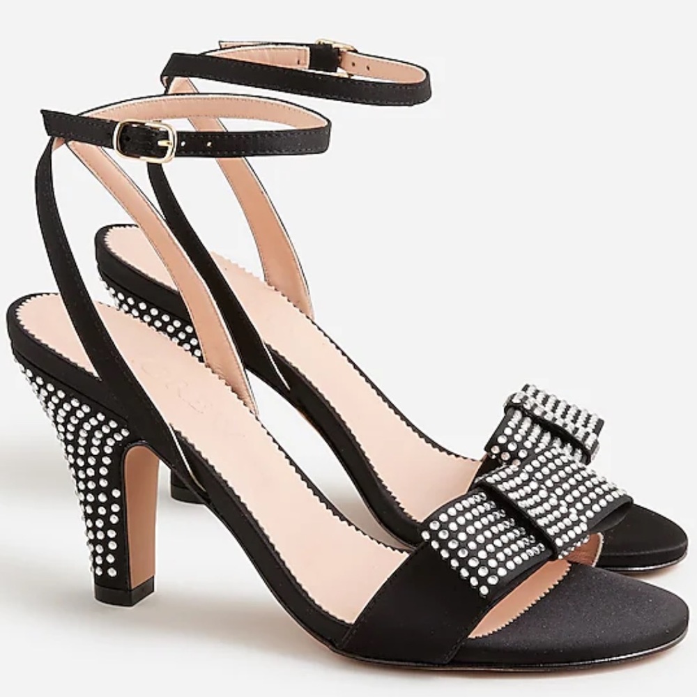 NIB J. Crew Collection Made-in-Italy crystal bow heels in satin Black Size 8.5